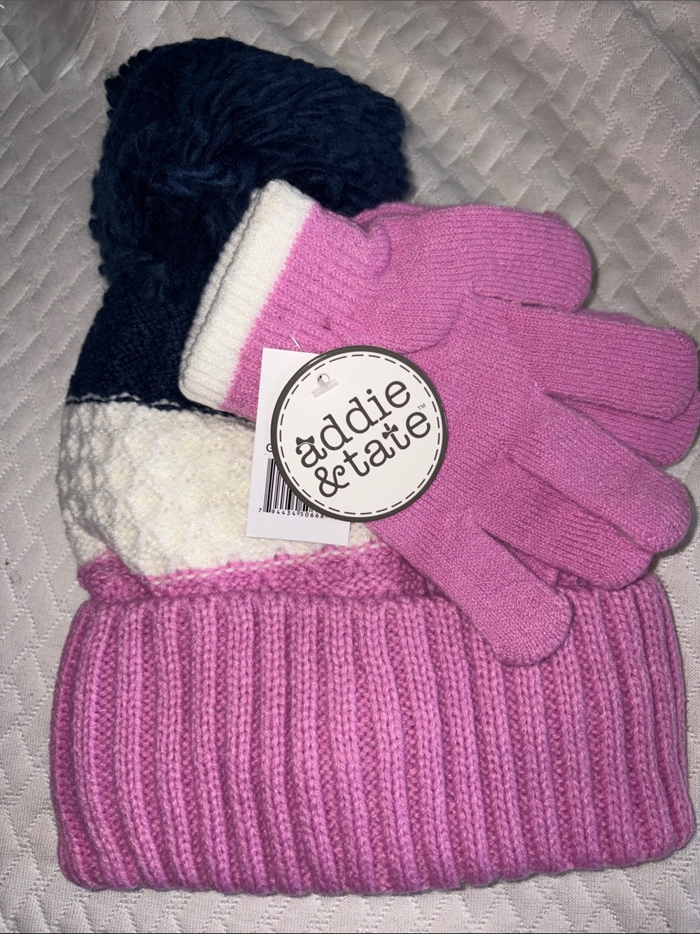 Addie & Tate Pink Colorblock Beanie & Gloves Set